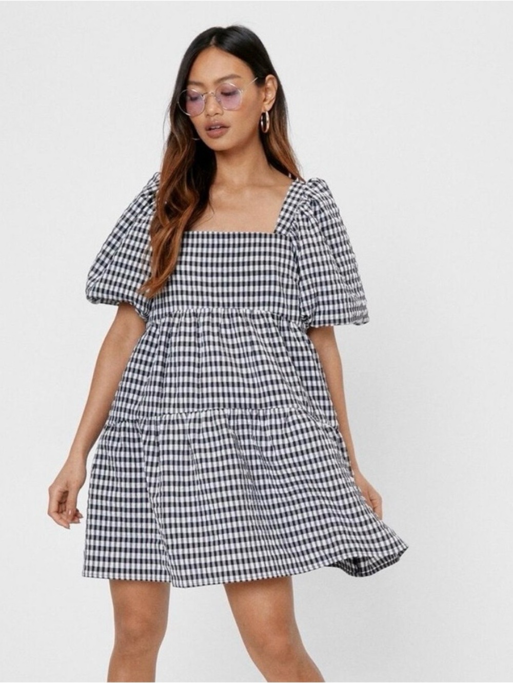 Nasty Gal Gingham Puff Sleeve Babydoll Mini Dress Black White US Size 8